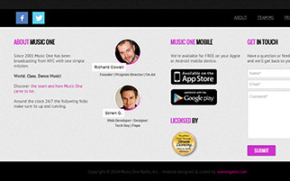 musicone.fm - Footer section with social links, about & contact form